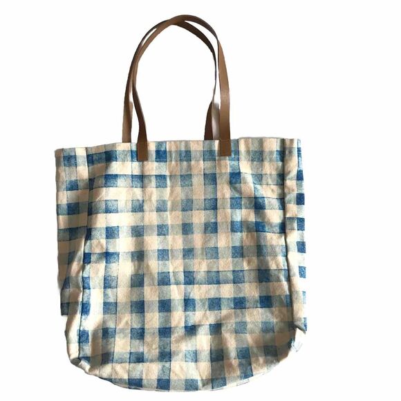 Utility Shoulder Tote Bag Blue & Ivory White Gingham Check Plaid Fabric Canvas - Picture 2 of 5